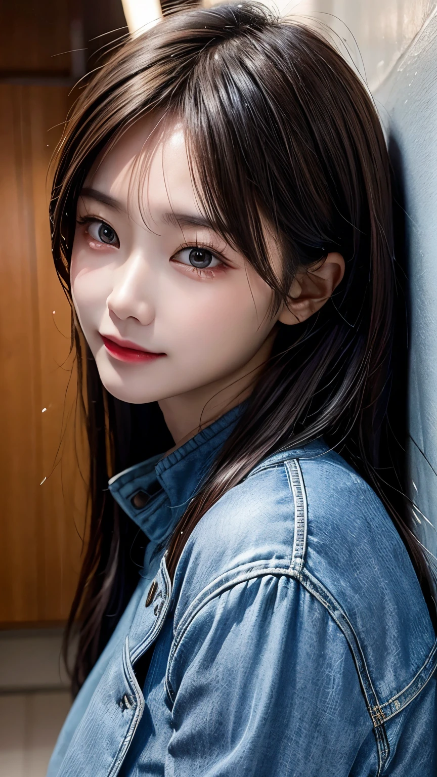 Asian woman in blue jacket against wall, close-up of face, side light