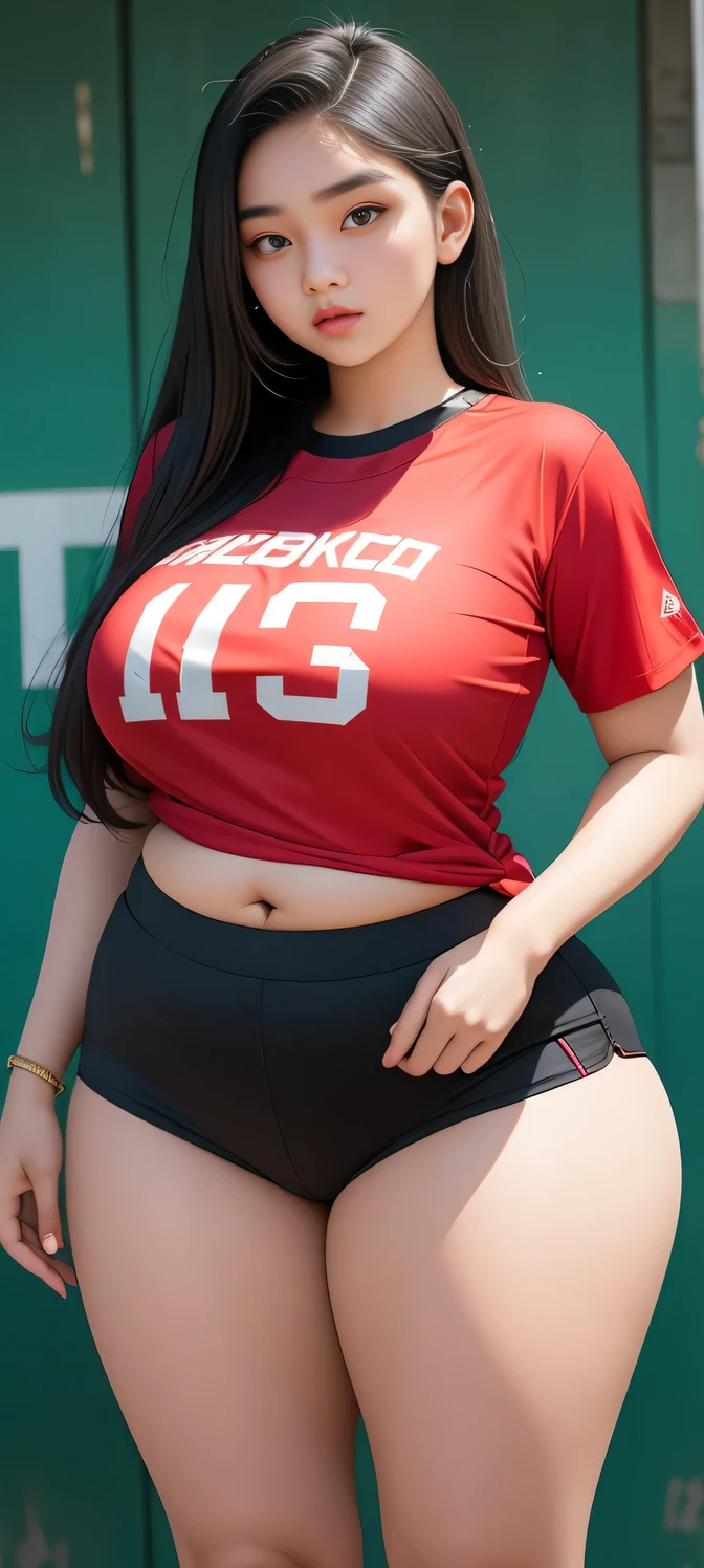 a beautiful yo Turki-Indonesia woman, baseball tshirt oversize ,short skirt, detailed, detail body and face., voluptuous body , thick thighs , fat belly , thick hips