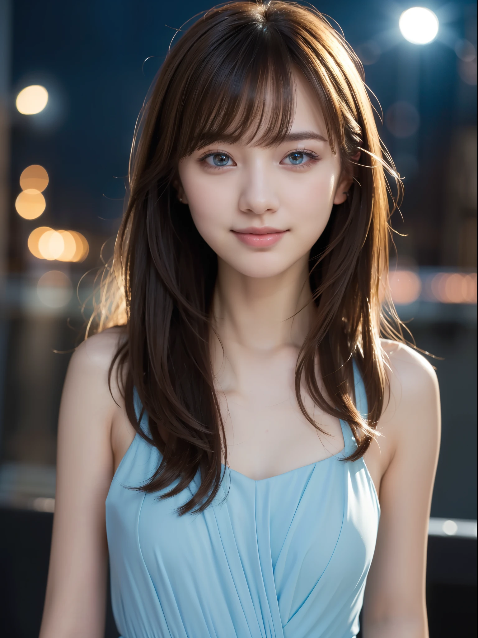 One Girl,(Light blue dress), (RAW Photos, Highest quality), (Realistic, Photorealistic:1.4), Tabletop, Very delicate and beautiful, Very detailed, 8k wallpaper, wonderful, In detail, Highly detailed CG unification, High resolution, Soft Light, Beautiful and detailed 19 year old girl, Very detailed目と顔, Beautifully detailed nose, Beautiful attention to detail,Cinema Lighting,City lights at night,Perfect Anatomy,Slender body,smile  (My hair is messy, Asymmetrical bangs, Light brown hair,)