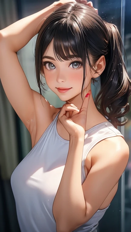 (Photorealistic:1.4), (Masterpiece, Sidelight, Fine Beautiful Eyes: 1.2), Masterpiece*Portrait, Realistic, 3D Face, Luminous Eyes, Glossy Hair, Glossy Skin, Alone, Embarrassing, (Epigastric), High resolution 8K, armpit pose, Armpit, Armpit, Light illuminating the armpits, ​masterpiece, Top image quality, high resolution, Wrinkles under the armpits:1.5, Under the slimy armpits, solo,  Black leotard, high-ponytail Hairstyle, Locker Room, dress room, no-bra, Upper body only, Armpit Light, A smile, A slight smile, Brown eyes, Detailed wrinkles in the armpits, realistic armpit, Wet armpits, Glossy armpits, Oiled shiny armpits, Stand straight at us, Raise both hands, puberty, Sweaty face, red lipsticks, Athletics Stadium Locker Room, I'm looking at the armpits, Navel is visible, (Natural skin texture Vibrant details, hyper realistic)