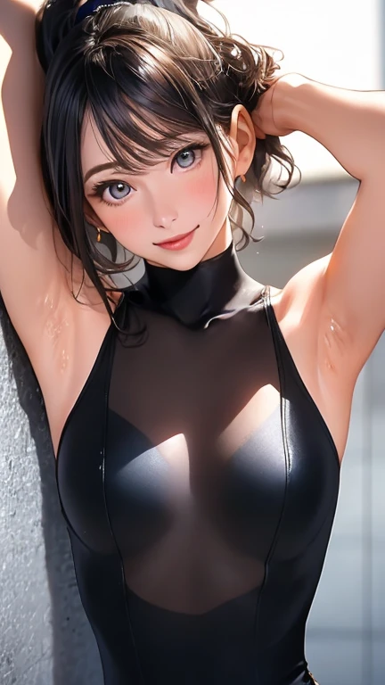 (Photorealistic:1.4), (Masterpiece, Sidelight, Fine Beautiful Eyes: 1.2), Masterpiece*Portrait, Realistic, 3D Face, Luminous Eyes, Glossy Hair, Glossy Skin, Alone, Embarrassing, (Epigastric), High resolution 8K, armpit pose, Armpit, Armpit, Light illuminating the armpits, ​masterpiece, Top image quality, high resolution, Wrinkles under the armpits:1.5, Under the slimy armpits, solo,  Black leotard, high-ponytail Hairstyle, Locker Room, dress room, no-bra, Upper body only, Armpit Light, A smile, A slight smile, Brown eyes, Detailed wrinkles in the armpits, realistic armpit, Wet armpits, Glossy armpits, Oiled shiny armpits, Stand straight at us, Raise both hands, puberty, Sweaty face, red lipsticks, Athletics Stadium Locker Room, I'm looking at the armpits, Navel is visible, (Natural skin texture Vibrant details, hyper realistic)