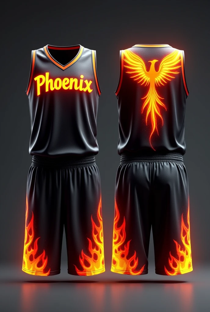 A basketball jersey main color is black and flames
on the jersey put flames of the Phoenix for design put the name phoenix make it put in shorts as well I need both sides front and back make the top just like the shorts give me more options to choose from make it look more realistic