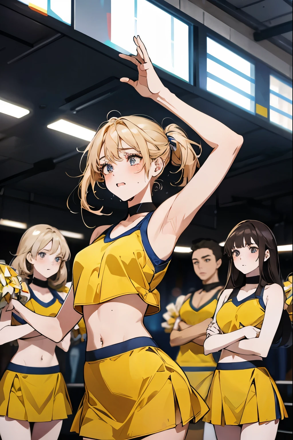 In the gymnasium.
Five members of the cheerleading squad.
Costumes are bright yellow.
Miniskirt.
The base of the lift. Sweat is pouring from their foreheads.
Anime style. High quality picture.