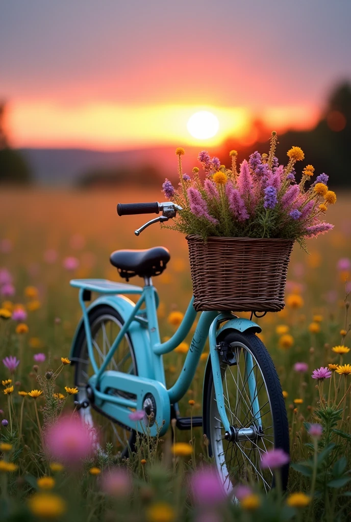 Vintage bicycle with the background of a field of flowers and sunset 