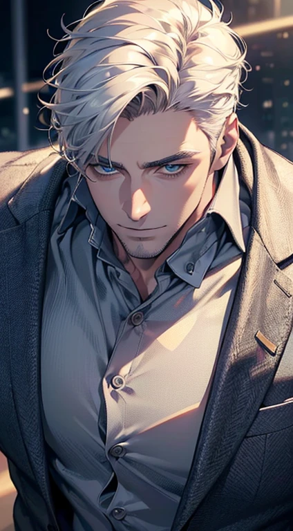 (best quality,4k,8k,highres,masterpiece:1.2),ultra-detailed,(realistic,photorealistic,photo-realistic:1.37),1 man,31 years old,mature man,very handsome,without expression,smile,short white hair,blue eyes,penetrating gaze,perfect face without errors,imposing posture,businessman,office background,cinematic lighting,hdr image