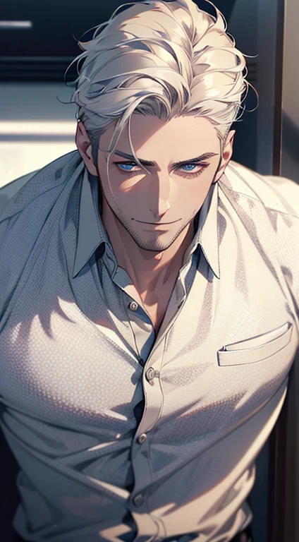 (best quality,4k,8k,highres,masterpiece:1.2),ultra-detailed,(realistic,photorealistic,photo-realistic:1.37),1 man,31 years old,mature man,very handsome,without expression,smile,short white hair,blue eyes,penetrating gaze,perfect face without errors,imposing posture,businessman,office background,cinematic lighting,hdr image