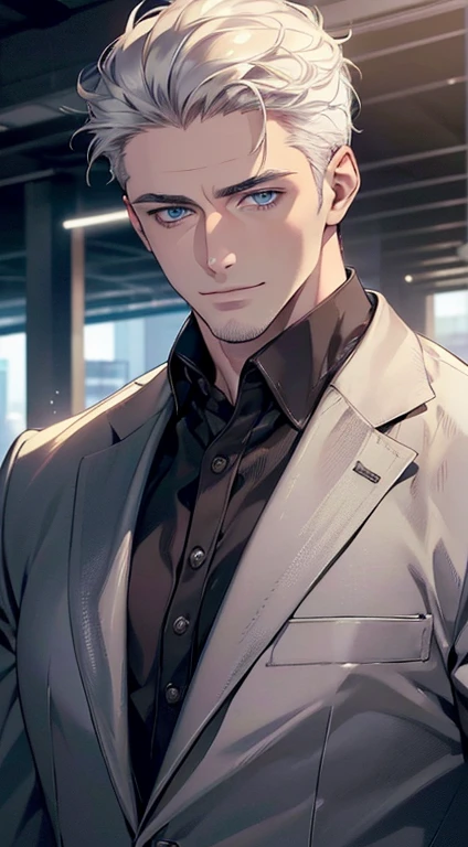 (best quality,4k,8k,highres,masterpiece:1.2),ultra-detailed,(realistic,photorealistic,photo-realistic:1.37),1 man,31 years old,mature man,very handsome,without expression,smile,short white hair,blue eyes,penetrating gaze,perfect face without errors,imposing posture,businessman,office background,cinematic lighting,hdr image
