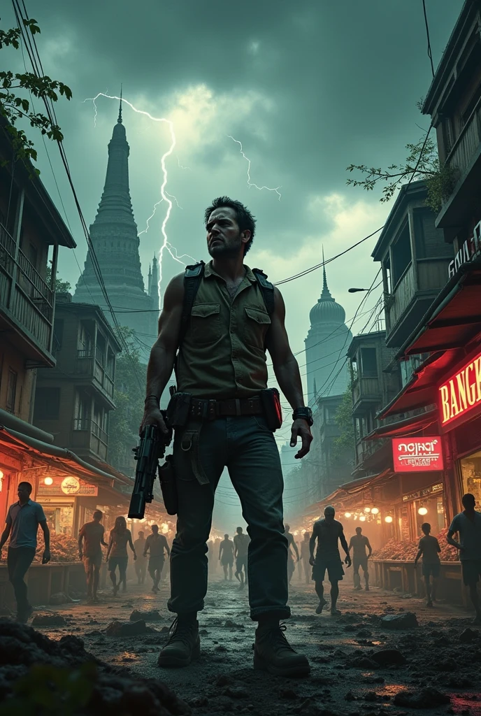 Foreground: A lone protagonist, look at the viewer rugged and weary, stands defiantly amid the chaos. He is armed with improvised weapons and survival gear, clearly outnumbered but resolute.
Background: The vibrant cityscape of Bangkok in ruins—familiar landmarks like the Grand Palace or modern skyscrapers are partially destroyed, overrun with creeping vines and debris. The sky is dark and stormy, with occasional lightning flashes illuminating the scene.
Midground: Zombies shuffle through the bustling streets and crowded markets, adding to the menacing atmosphere.
Color Scheme: Dark and desaturated with flashes of neon and street lights to highlight the city's decay and the protagonist’s isolation.
Title Placement: Bold and dramatic at the top or bottom of the poster, with the tagline in a smaller, contrasting font.
Additional Details: Include recognizable Bangkok elements like tuk-tuks, street food stalls, and neon signs to emphasize the city's identity and the dramatic contrast between its vibrant past and its apocalyptic present.