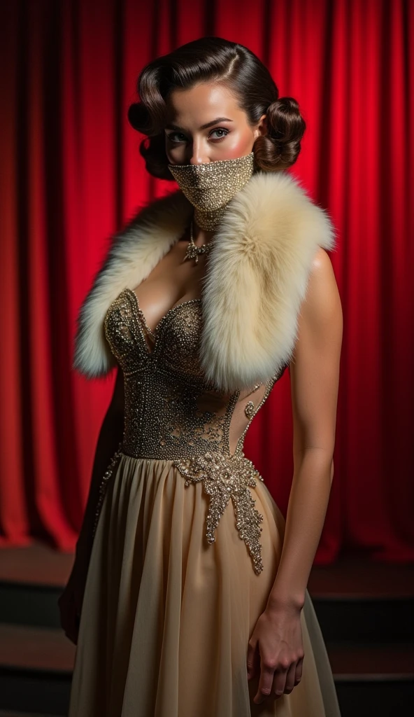 1girl, 1950s, fashion, elegant, flapper dress, faux fur collar, 1950s victory rolls hairstyle, bandana covering mouth, color, bayonet, stage performer, dynamic pose, (best quality,4k,8k,highres,masterpiece:1.2),ultra-detailed,(realistic,photorealistic,photo-realistic:1.37),vibrant colors,dramatic lighting,cinematic composition,cinematic lighting,dramatic pose