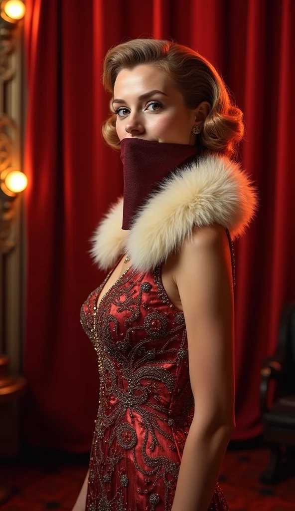 1girl, 1950s, fashion, elegant, flapper dress, faux fur collar, 1950s victory rolls hairstyle, bandana covering mouth, color, bayonet, stage performer, dynamic pose, (best quality,4k,8k,highres,masterpiece:1.2),ultra-detailed,(realistic,photorealistic,photo-realistic:1.37),vibrant colors,dramatic lighting,cinematic composition,cinematic lighting,dramatic pose