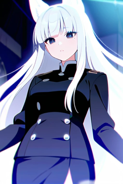 She has long white hair, white dog ears, black eyes with a glint of light in them.。The clothing is sister fashion。Large-breasted
