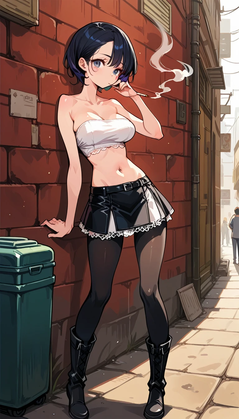 1girl, solo, Alley, standing, lean against a wall, smoking in one's mouth, Lazy expression, tubetop, mini skirt, zettairyouiki, large breasts, black pantyhose, white lace-up boots, ((looking out)), aidxlv05_neg, bare navel, tubetop
