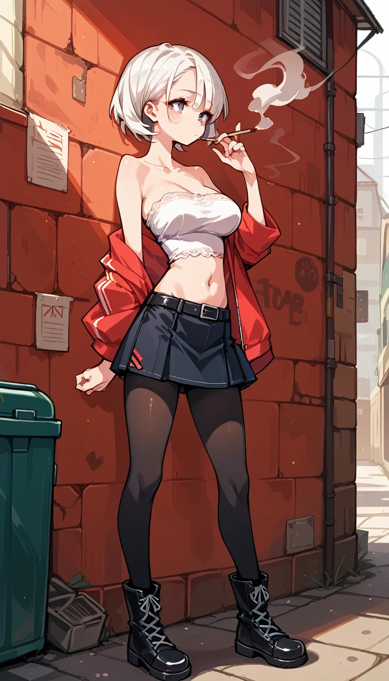 1girl, solo, Alley, standing, lean against a wall, smoking in one's mouth, Lazy expression, tubetop, mini skirt, zettairyouiki, large breasts, black pantyhose, white lace-up boots, ((looking out)), aidxlv05_neg, bare navel, tubetop