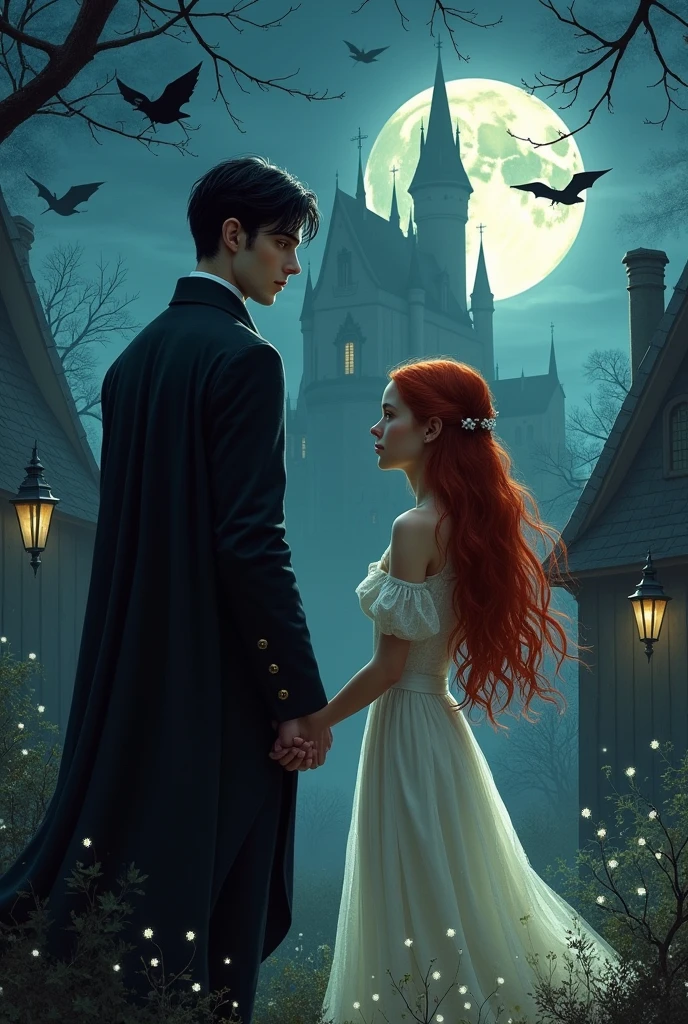 Créer moi un pochette de livre où l'on voit deux personnages: un homme ténébreux, portant du noir. Il a des cheveux courts noirs. À ses côtés se tient une fille au long cheveux roux portant une robe blanche. Elle a des yeux orangés. Ils sont dans un village du moyen âge et au dernier plan on peut voir un château de vampire. Rajoute une pleine lune. Rajoute des détails fantastique comme des lucioles qui volent dans le ciel et des sorcières.