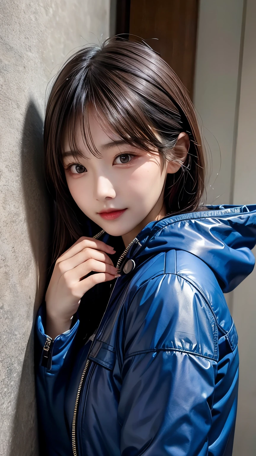 Asian woman in blue jacket against wall, close-up of face, side light