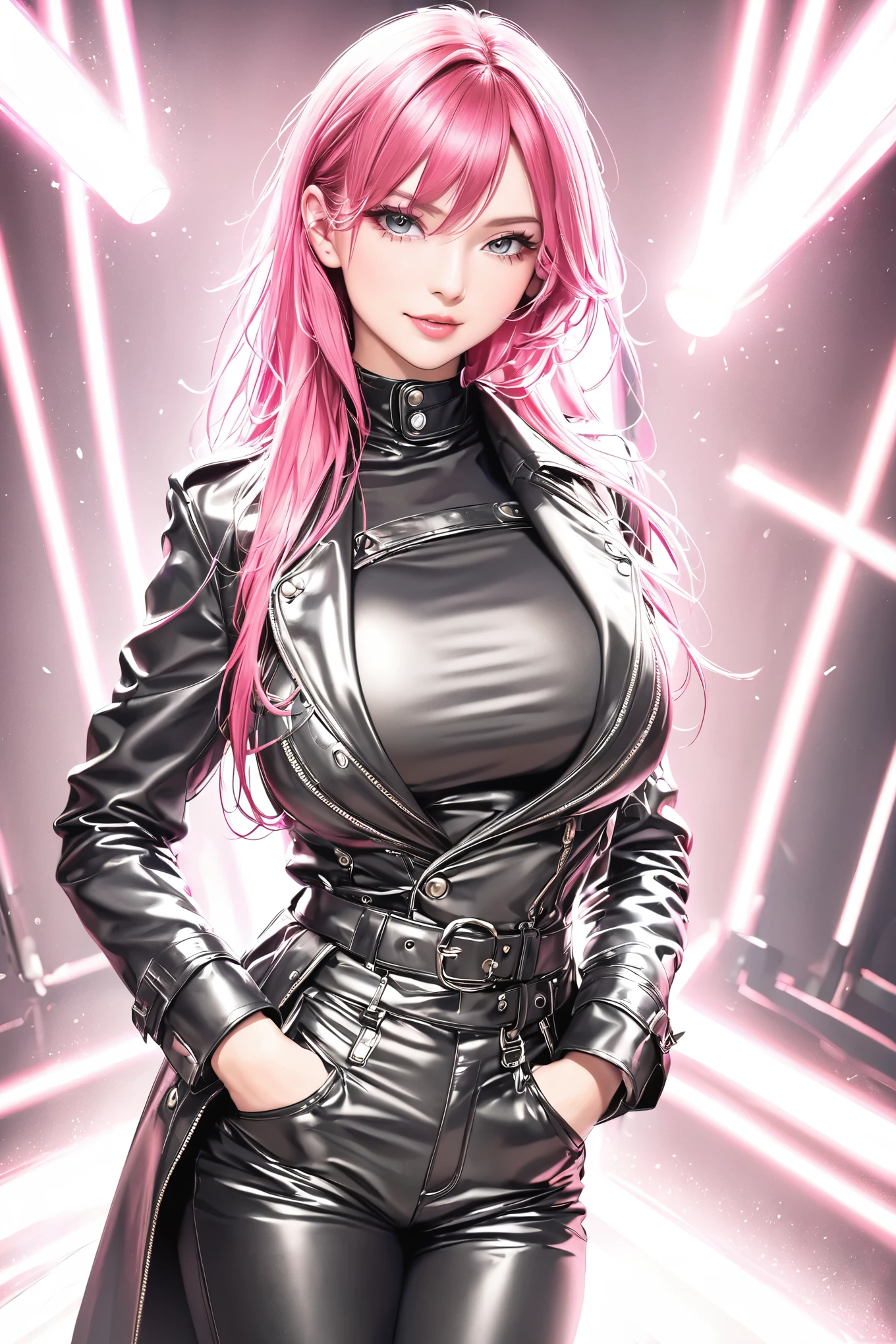 Best Quality, 32K, raw photo, incredibly absurd, extremely detailed, fresh beauty, wearing a long black leather coat, black leather pants, black leather engineer boots, bright pink hair, loving expression, lewd expression, slender, large proportion, Professional lighting, Large and round breasts