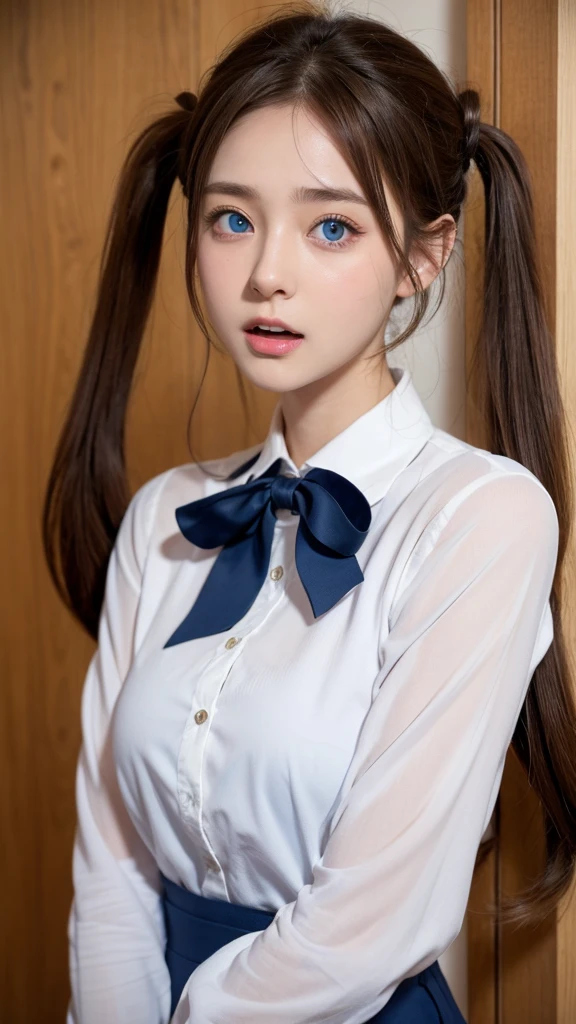 One person, chest, blue eyes, Brown Hair, Twin tails, Open your mouth a little, 