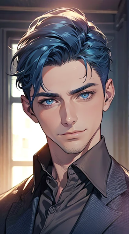 (best quality,4k,8k,highres,masterpiece:1.2),ultra-detailed,(realistic,photorealistic,photo-realistic:1.37),1 man,31 years old,mature man,very handsome,without expression,smile,short blue hair,blue eyes,penetrating gaze,perfect face without errors,imposing posture,businessman,office background,cinematic lighting,hdr image