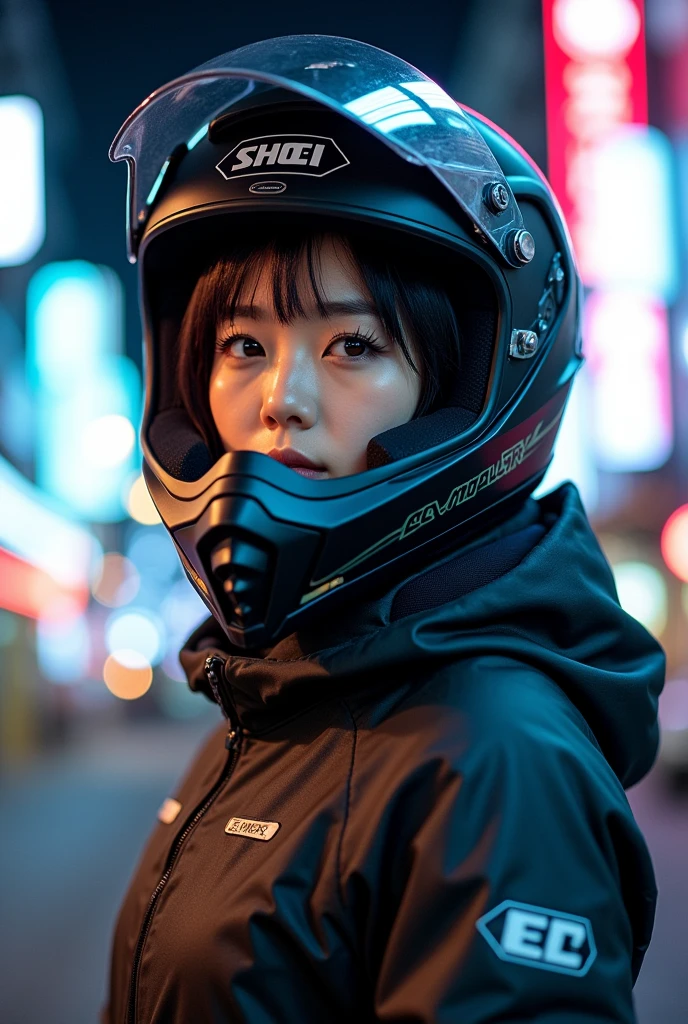 very beautiful Japanese high school girl, about to Ride on a off-road motorcycle, at downtown at night, dramatic scene, masterpiece, (face focus:1.3), clear helmet visor, beautiful eyes, Kawasaki bike, Shoei helmet, (wearing off-road rider's outfits)