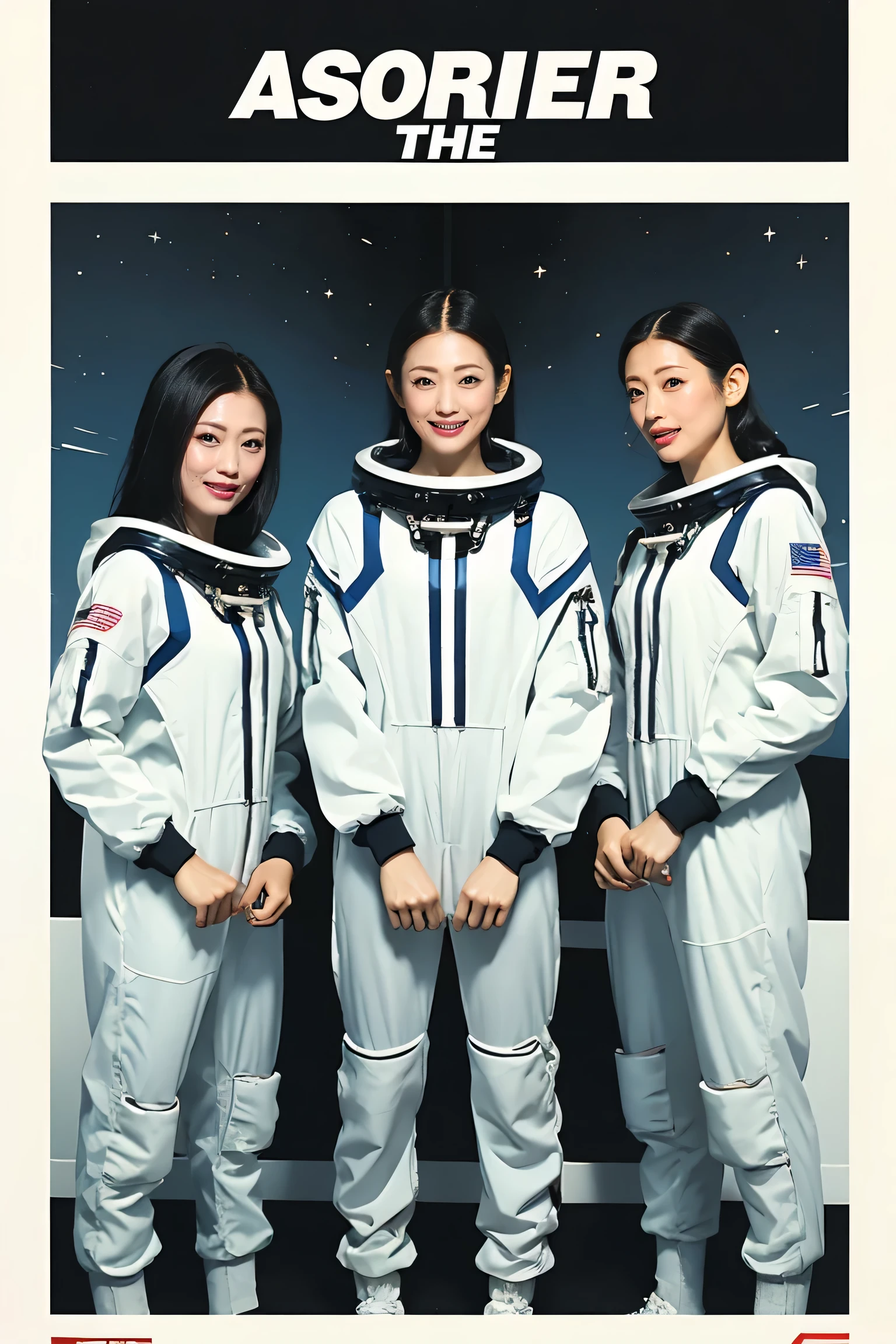 Three women wearing astronaut suits, sci fi movie poster style