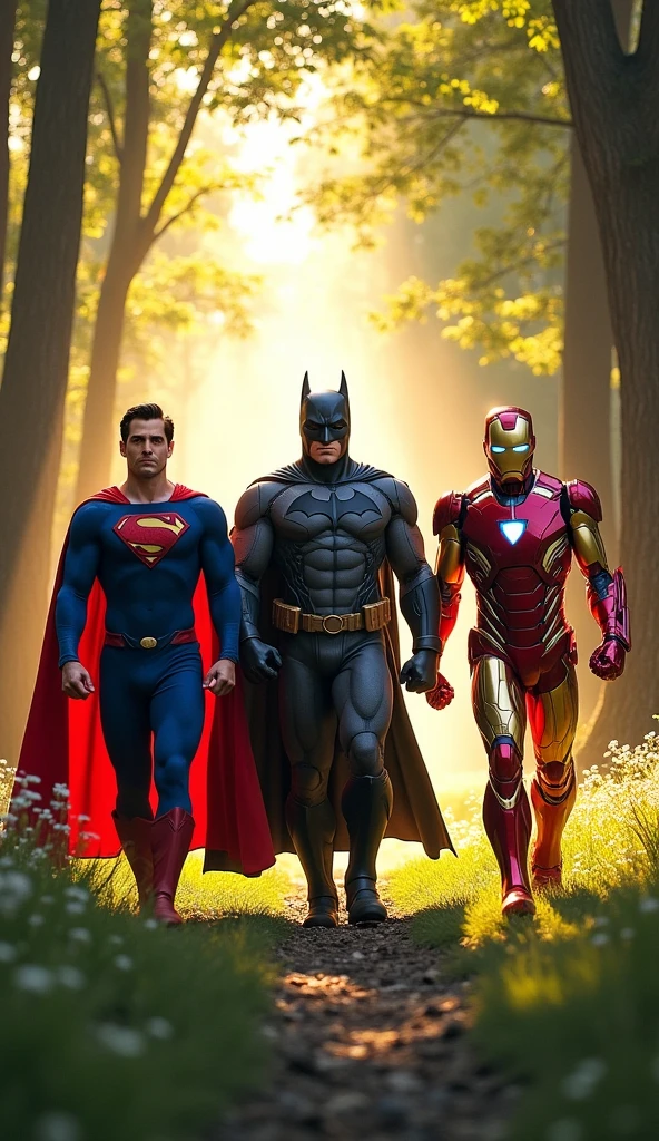 Give me a photo of Superman, Batman and Iron Man, three friends walking in a forest