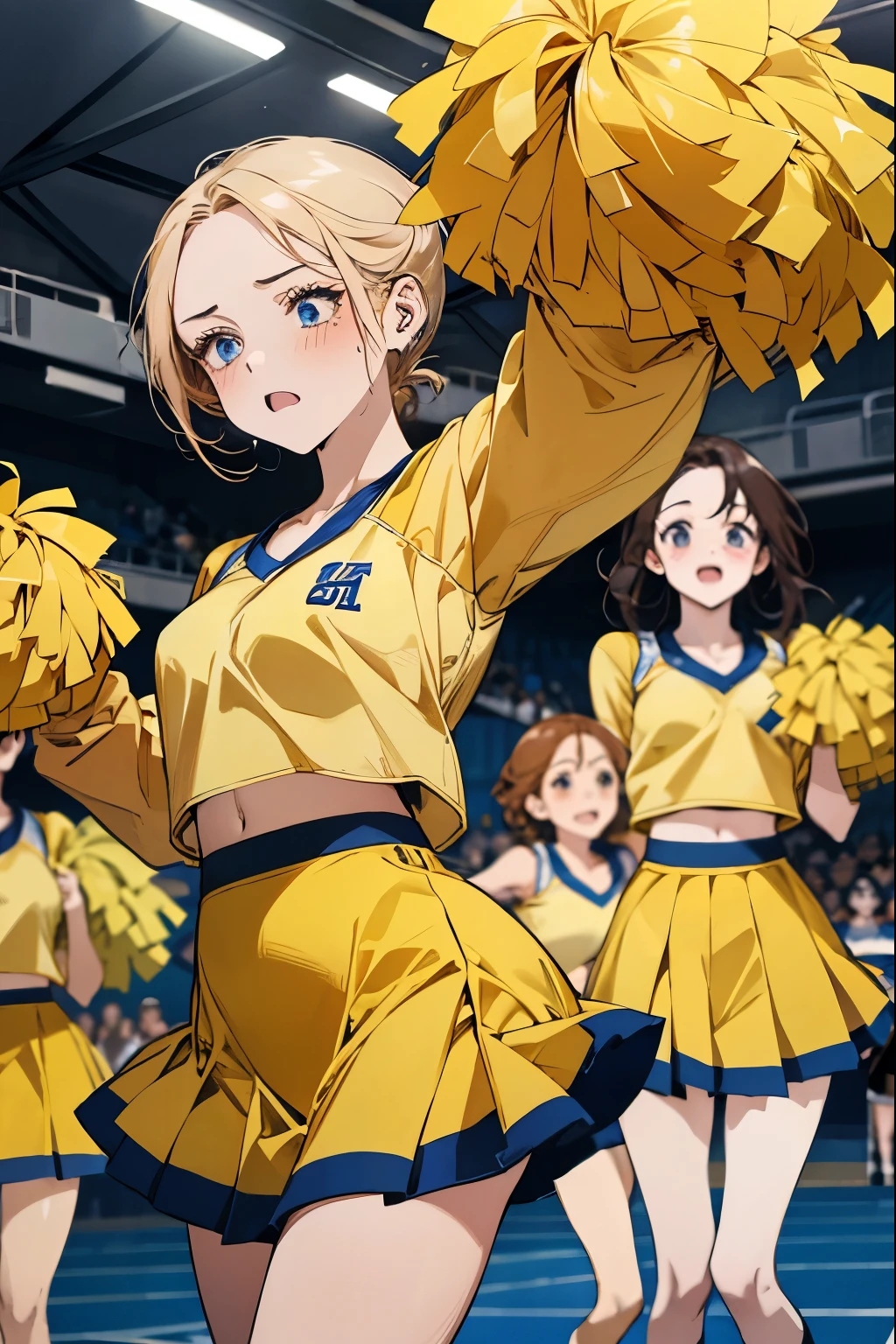In the gymnasium.
Five members of the cheerleading squad.
Costumes are bright yellow.
White tight long sleeves, mini skirt.
They are holding cheerleading pom-poms in both hands.
Sweat dripping from their foreheads.
Anime style. High quality picture.