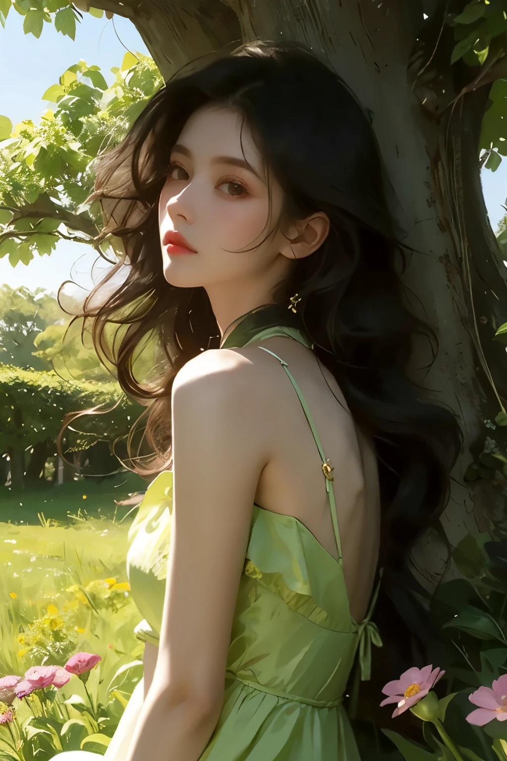 A girl with long black curly hair sits under a big tree，With your back against the trunk，Looking into the distance，In the flowers