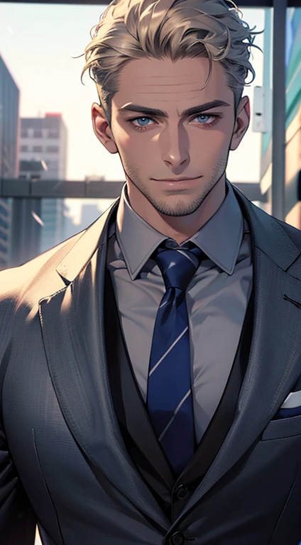 (best quality,4k,8k,highres,masterpiece:1.2),ultra-detailed,(realistic,photorealistic,photo-realistic:1.37),1 man,31 years old,mature man,very handsome,without expression,smile,short grey golden hair,blue eyes,penetrating gaze,perfect face without errors,imposing posture,businessman,office background,cinematic lighting,hdr image