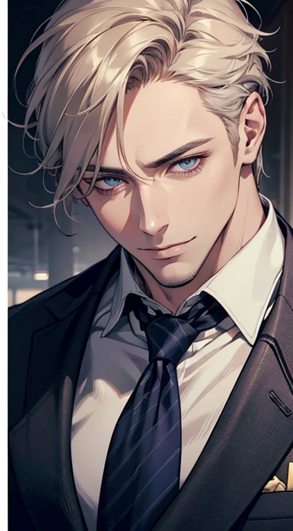 (best quality,4k,8k,highres,masterpiece:1.2),ultra-detailed,(realistic,photorealistic,photo-realistic:1.37),1 man,31 years old,mature man,very handsome,without expression,smile,short grey golden hair,blue eyes,penetrating gaze,perfect face without errors,imposing posture,businessman,office background,cinematic lighting,hdr image