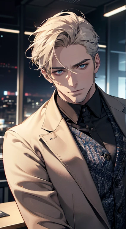 (best quality,4k,8k,highres,masterpiece:1.2),ultra-detailed,(realistic,photorealistic,photo-realistic:1.37),1 man,31 years old,mature man,very handsome,without expression,smile,short grey golden hair,blue eyes,penetrating gaze,perfect face without errors,imposing posture,businessman,office background,cinematic lighting,hdr image