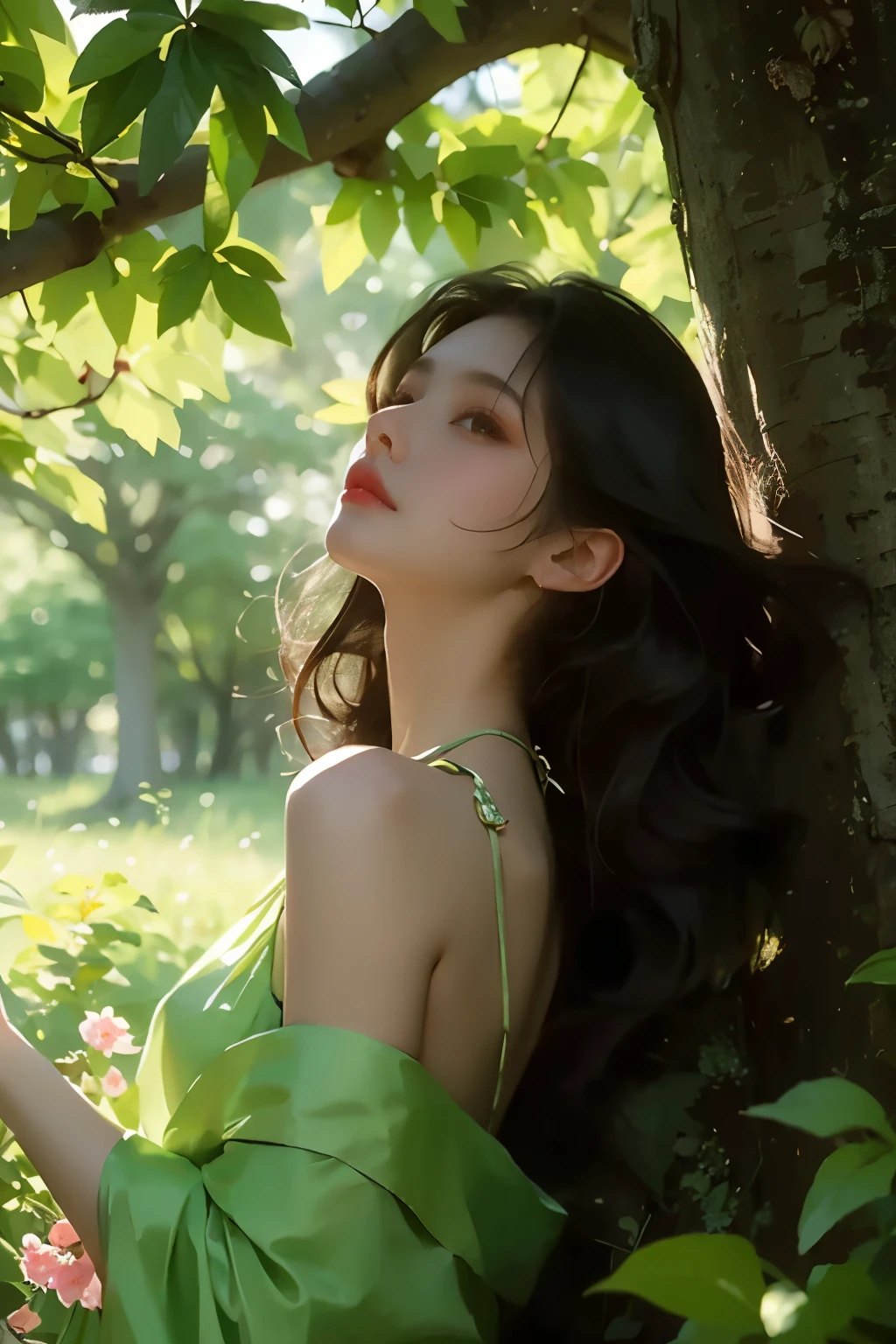 A girl with long black curly hair sits under a big tree，With your back against the trunk，Looking into the distance，In the flowers