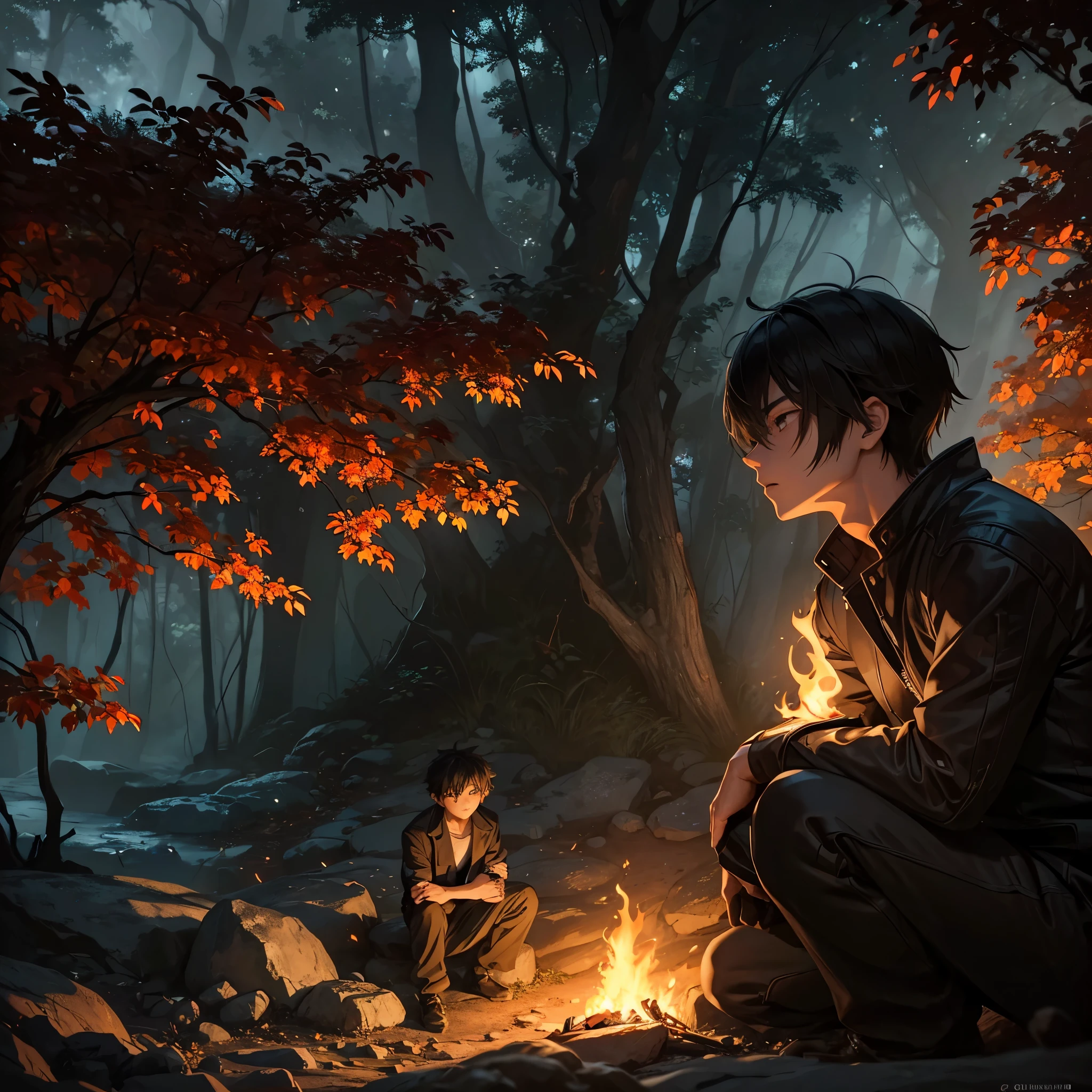 a lone anime boy sitting on a rock in front of a crackling fire, night scene, dramatic lighting, moody atmosphere, detailed facial features, anime styled clothes, night jungle background, cinematic composition, volumetric lighting, glowing embers, lush foliage, atmospheric haze, chiaroscuro lighting, muted color palette, dynamic pose, pensive expression, mesmerizing fire