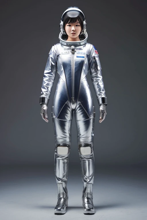 A full-body shot of a Japanese female astronaut wearing a metallic silver spacesuit, complete with a helmet and life support system.