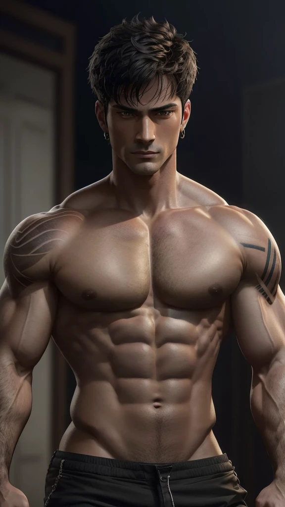 muscular handsome man, black pants, open black shirt, looking at viewer romantically, fair skin, sexy face, black hair, short hairstyle, light facial hair, chest hair, tattooed chest, solo, navel, bara, sexy expression, (best quality,4k,8k,highres,masterpiece:1.2),ultra-detailed,(realistic,photorealistic,photo-realistic:1.37),