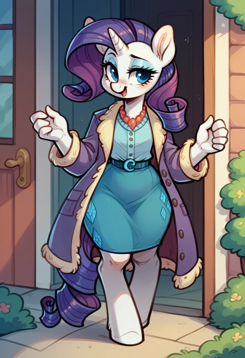 rarity (mlp) ,elderly female , Purple wearing furry Coat , skirt,ALL four ,big wide hips ,pony hands