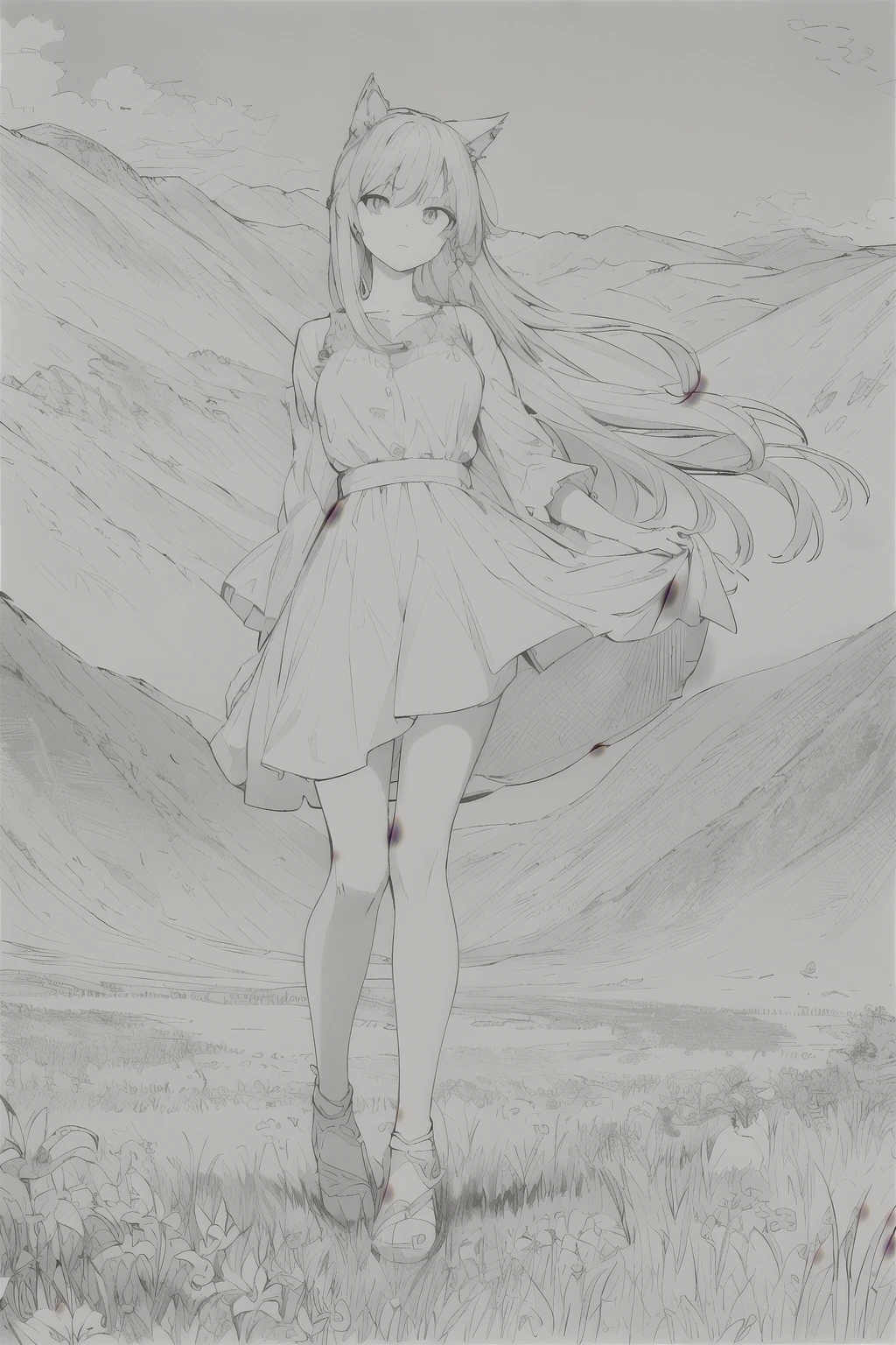 masterpiece, best quality, 1girl, solo, long_hair, looking_at_viewer, high-quality line art of a woman with cat ears, and long hair, standing gracefully on a meadow. She is wearing a light, flowing top, a short skirt. The woman is in a calm and elegant pose, with. She is surrounded by tall grass and wildflowers. The background features majestic mountains with sharp peaks, partially covered in mist. The sky is clear, with a few soft clouds floating above the mountain range, the natural scenery, lineart, monochrome