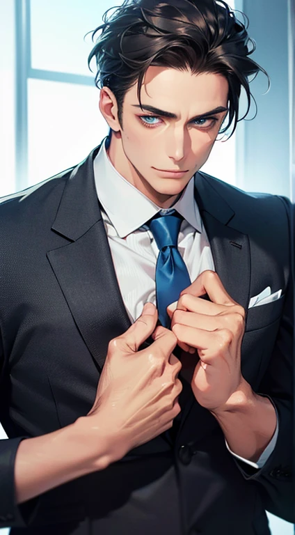 (best quality,4k,8k,highres,masterpiece:1.2),ultra-detailed,(realistic,photorealistic,photo-realistic:1.37),1 man,31 years old,mature man,very handsome,without expression,smile,short grey black hair,blue eyes,penetrating gaze,perfect face without errors,imposing posture,businessman,office background,cinematic lighting,hdr image