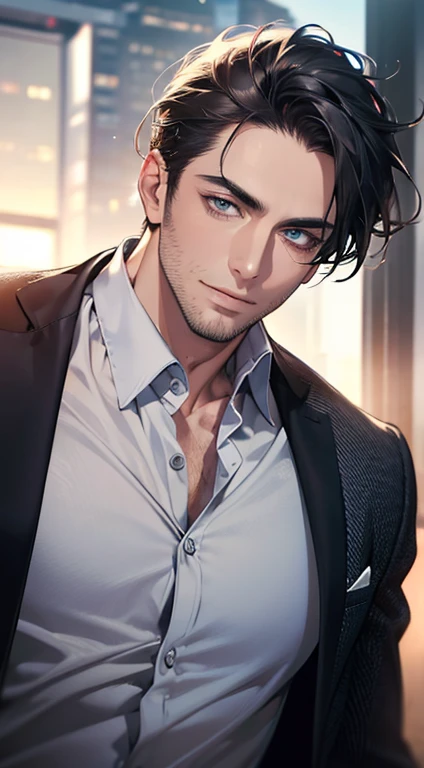 (best quality,4k,8k,highres,masterpiece:1.2),ultra-detailed,(realistic,photorealistic,photo-realistic:1.37),1 man,31 years old,mature man,very handsome,without expression,smile,short grey black hair,blue eyes,penetrating gaze,perfect face without errors,imposing posture,businessman,office background,cinematic lighting,hdr image