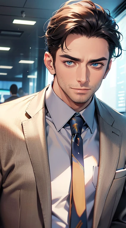 (best quality,4k,8k,highres,masterpiece:1.2),ultra-detailed,(realistic,photorealistic,photo-realistic:1.37),1 man,31 years old,mature man,very handsome,without expression,smile,short grey black hair,blue eyes,penetrating gaze,perfect face without errors,imposing posture,businessman,office background,cinematic lighting,hdr image