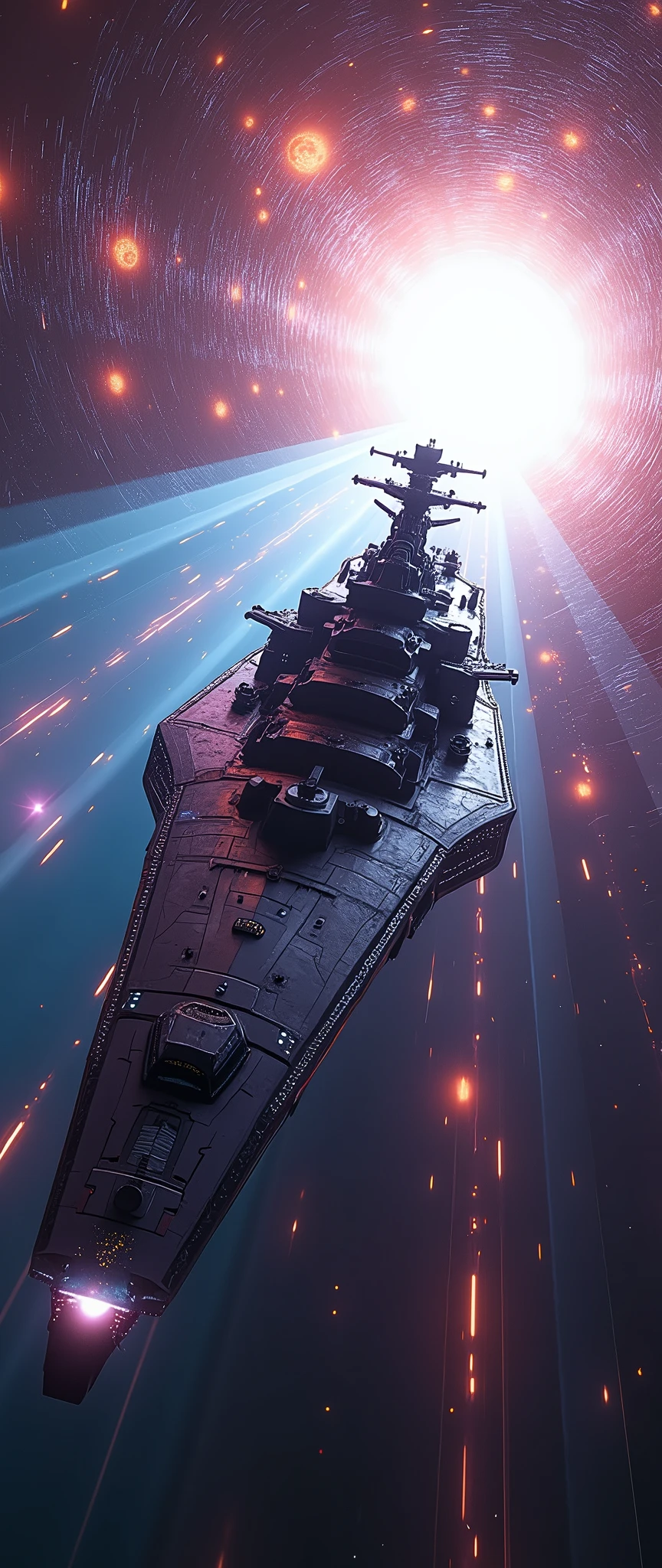 masterpiece,Highest quality,Ultra-high resolution,(Very detailed),8k,wallpaper,Realistic,(DSLR Canon style),(A battleship-shaped spaceship performs warp travel.:2.0),(sf:2.0),(A streamlined spaceship resembling the Yamato battleship:2.0),(dynamic),(Beautiful particles of light are emitted from the wave engine at the stern.:2.0),(Representing superluminal speed with a beautiful line of light:2.0),(((The background is a wormhole and subspace.:2.0))),(Motion Blur)