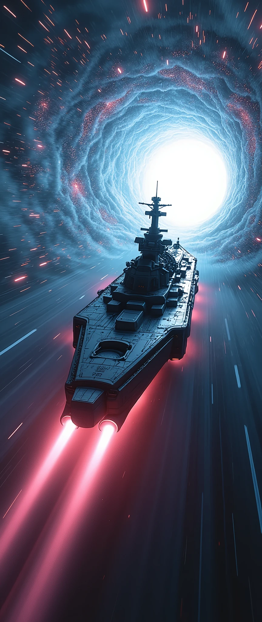 masterpiece,Highest quality,Ultra-high resolution,(Very detailed),8k,wallpaper,Realistic,(DSLR Canon style),(A battleship-shaped spaceship performs warp travel.:2.0),(sf:2.0),(A streamlined spaceship resembling the Yamato battleship:2.0),(dynamic),(Beautiful particles of light are emitted from the wave engine at the stern.:2.0),(Representing superluminal speed with a beautiful line of light:2.0),(((The background is a wormhole and subspace.:2.0))),(Motion Blur)