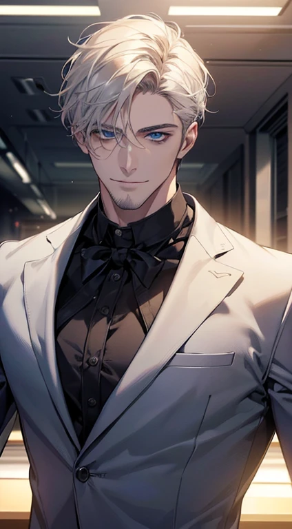 (best quality, masterpiece, 8K, photorealistic, cinematic lighting, hdr image, ultra detailed, beautiful image), 1 man, 31 years old, mature man, very handsome, (without expression, smile), short white hair, blue eyes ( penetrating gaze), perfect face without errors, imposing posture, without errors, businessman, office background
