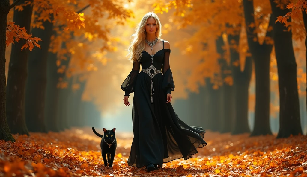 Autumn. Forest of aylantus, beautifull blonde satanist girl walking with her cat