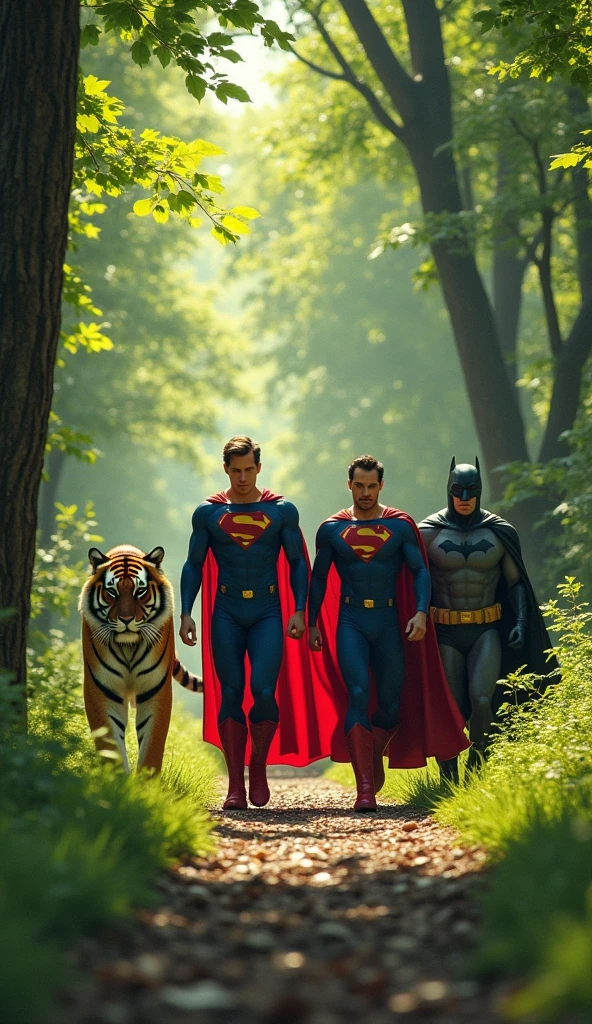 Give me a photo of Superman, Batman and Iron Man, three friends walking in a forest, Then suddenly a tiger appears in front of them and all three get scared.