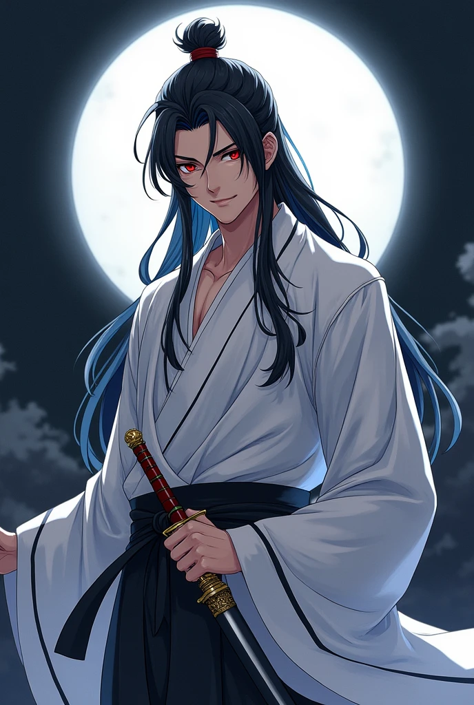A man with long black hair and red eyes with a young handsome face and a gentle smile ,and wearing a cultivation robes seen in anime white colour with black lines of design make it look more like anime & donghua,and i only need one man in it and he should showing his face front and his pose should be holding sword on his waist ,the back ground should be white moon with black background make more likable with a smile and more manly and handsome