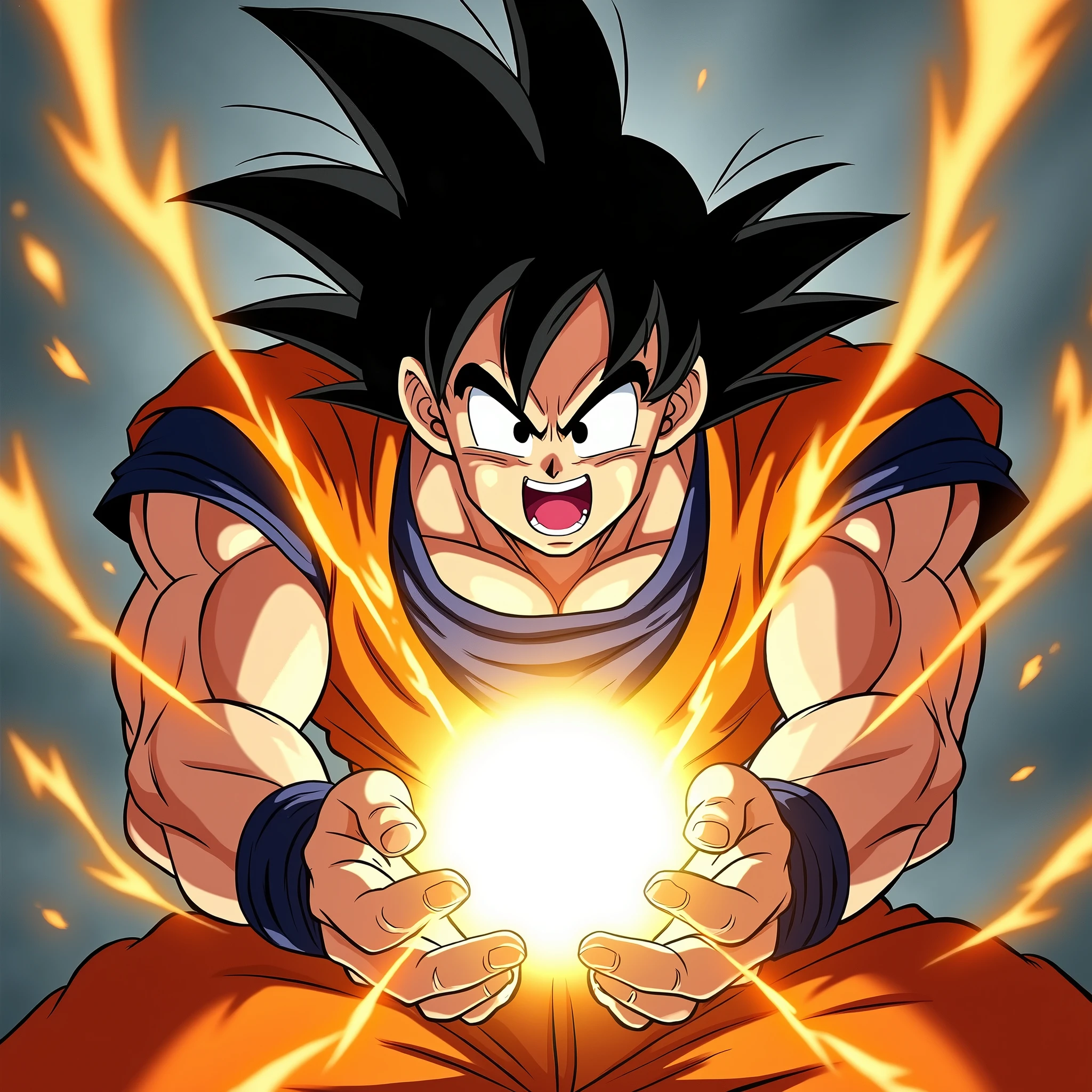 very super close-up image of the hands of Son Goku\(Dragon Ball\(manga\), muscular,shouting,angry,orange robe\) ,pose of Kamehameha, shooting a beam from hands,realistic art style, generate only hands, screenshot of the action movie