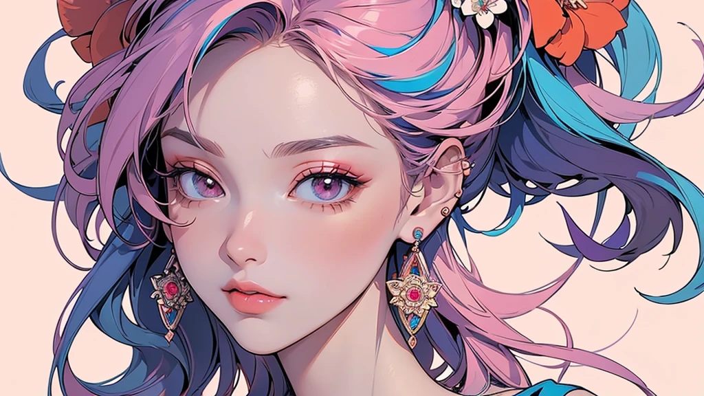 32K, 最高quality, 最高masterpiece, (ultra-Detailed Background, Detailed Background), High resolution, Super detailed, Very detailedな, 1 personの, (bouquet:1.3), (Tangled:1.2), (Geometric:1.2),(colorful),(masterpiece, quality, best quality, Official Art, Beautiful and beautiful:1.2), (1 person:1.3), Very detailed,(colorful:1.1)(Flowers:1.3),Most detailed,(Tangled:1.2), whole body, (Abstract background:1.3), (Skin glows), (Many colors:1.4), ,(Earrings Jewelry:1.5), Pale Red Background, It's imaginative., Milk tea colored hair, Updo,