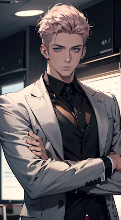 (best quality,4k,8k,highres,masterpiece:1.2),ultra-detailed,(realistic,photorealistic,photo-realistic:1.37),1 man,31 years old,mature man,very handsome,without expression,smile,short grey pink hair,blue eyes,penetrating gaze,perfect face without errors,imposing posture,businessman,office background,cinematic lighting,hdr image