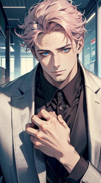 (best quality,4k,8k,highres,masterpiece:1.2),ultra-detailed,(realistic,photorealistic,photo-realistic:1.37),1 man,31 years old,mature man,very handsome,without expression,smile,short grey pink hair,blue eyes,penetrating gaze,perfect face without errors,imposing posture,businessman,office background,cinematic lighting,hdr image