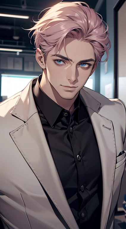 (best quality,4k,8k,highres,masterpiece:1.2),ultra-detailed,(realistic,photorealistic,photo-realistic:1.37),1 man,31 years old,mature man,very handsome,without expression,smile,short grey pink hair,blue eyes,penetrating gaze,perfect face without errors,imposing posture,businessman,office background,cinematic lighting,hdr image